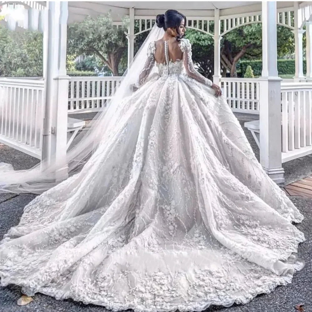 Customized Vintage Full Lace Wedding Dresses Arabic 3D Floral Illusion Long Sleeves Bridal Gowns V Neck Vestidos