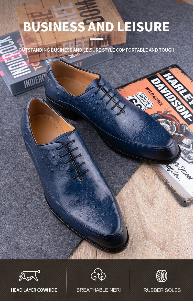 Men's Wedding Leather Shoes Handmade Classic Designer Formal Dress Leather Shoes Luxury Printing Pointed Toe Shoes Black Blue