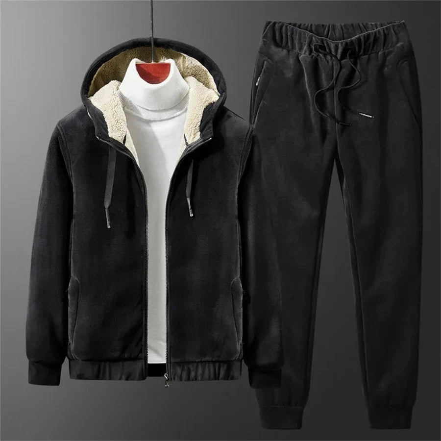 Winter Lambwool Lined 2 Pieces Sets Hooded Thicken Sweatshirt Tracksuit High Waist Harem Pant Suits Velvet Snow Wear Warm Outfit