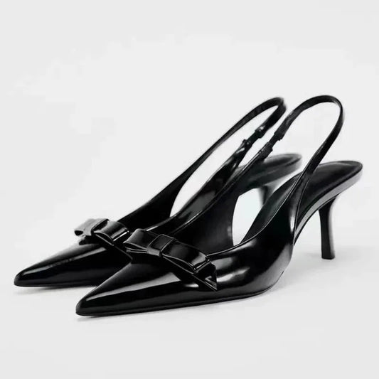 Modern Office Shoes for Women White Black Wedding Slingback Pointed Toe Butterfly Decoration Female High Heeled Sandals