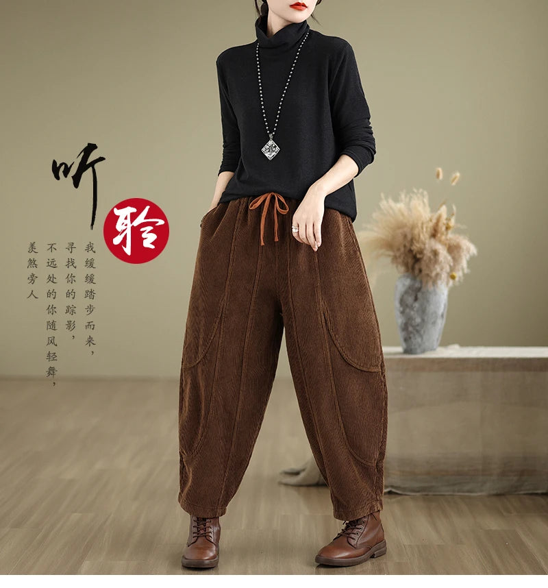 Oversized Corduroy Autumn Winter Elastic High Waist Harem Pant Women Casual Modis Ladies Trousers Pleated Loose Woman Harem Pant