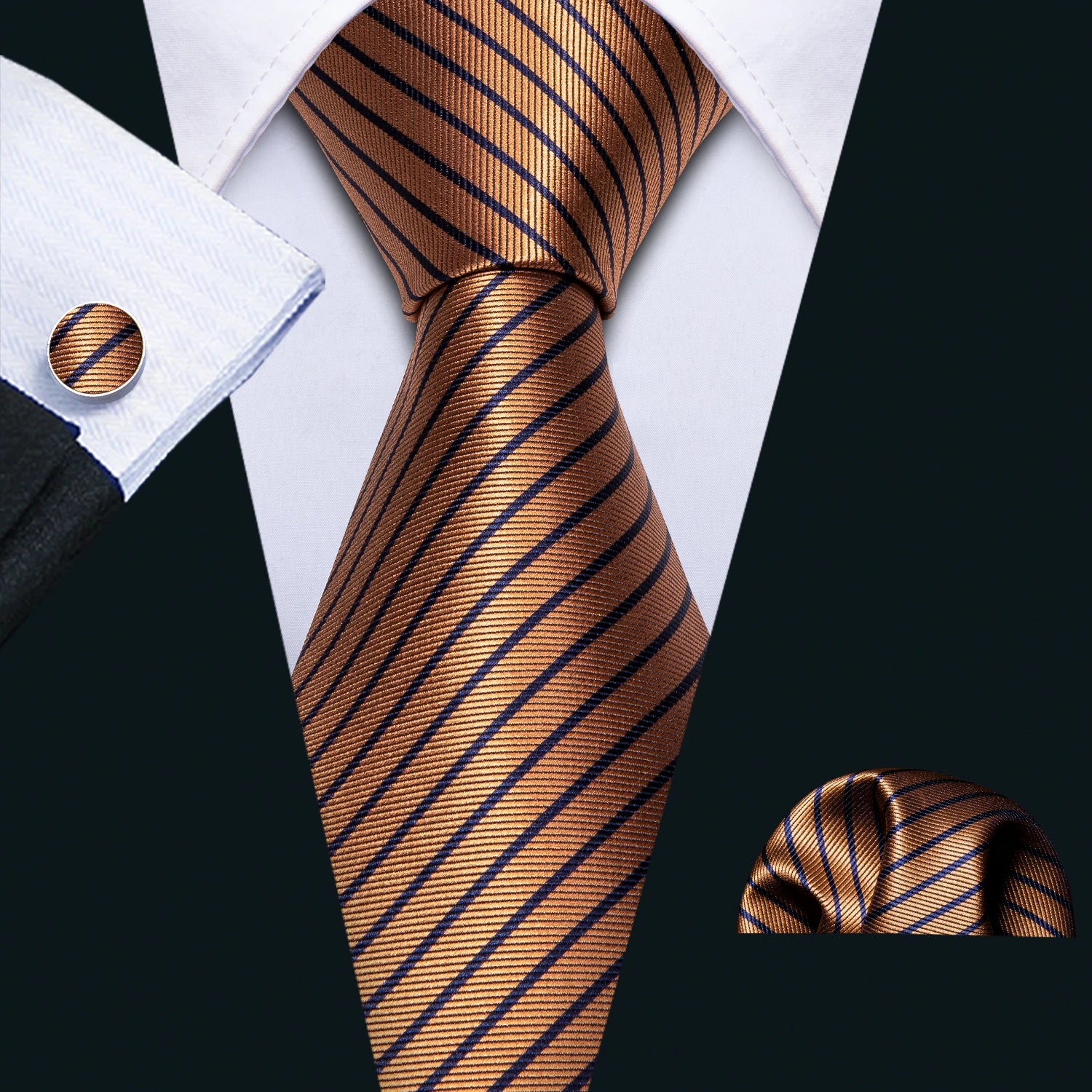 Barry.Wang Gold Beige Yellow Brown Tulip Silk Men Tie Handkerchief Cufflink Set Jacquard Necktie for Male Wedding Business Party