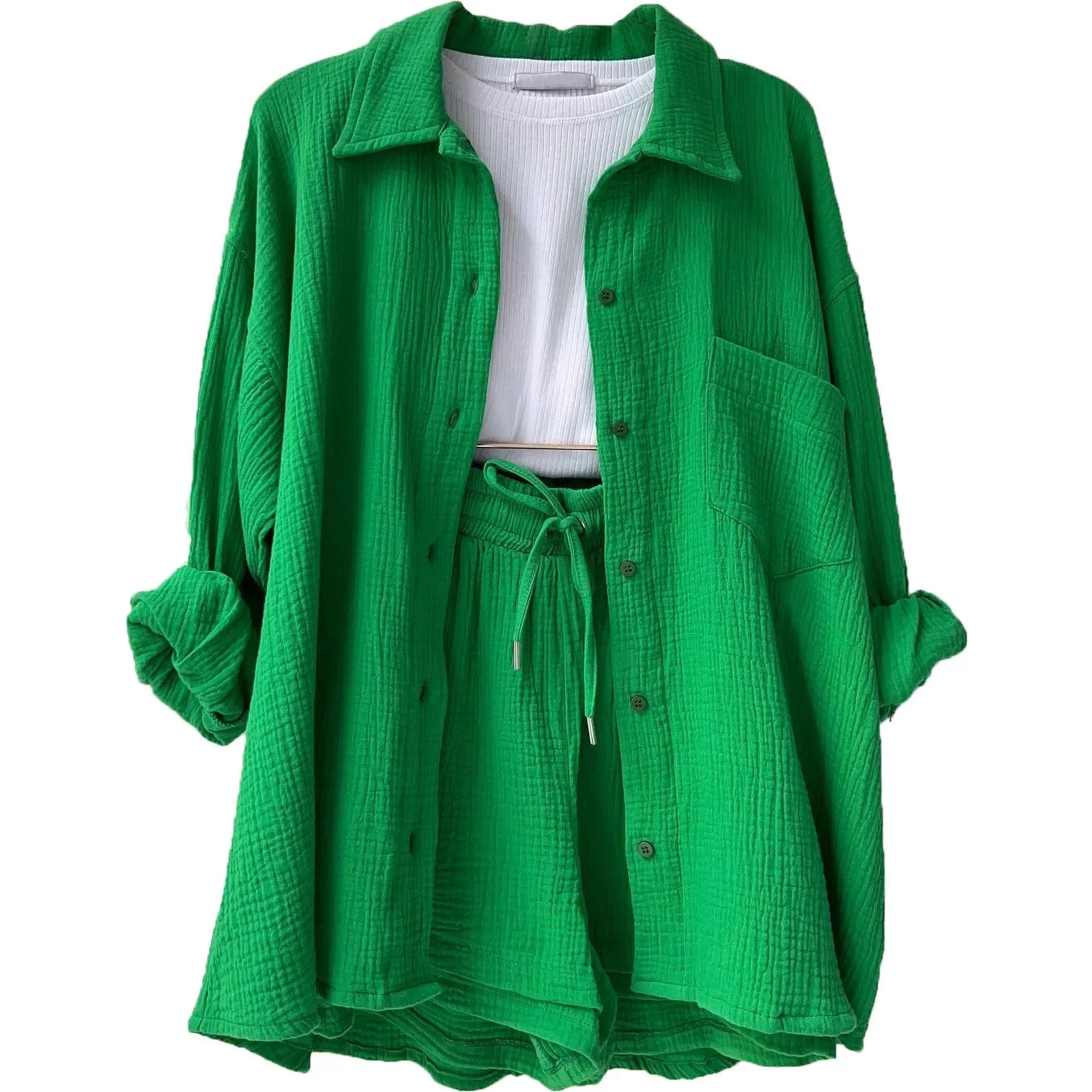 Short Sets Women Tracksuit Single Breasted Cardigan Blouses Two Pieces Shorts Loose Button High Street Solid Pockets Folds
