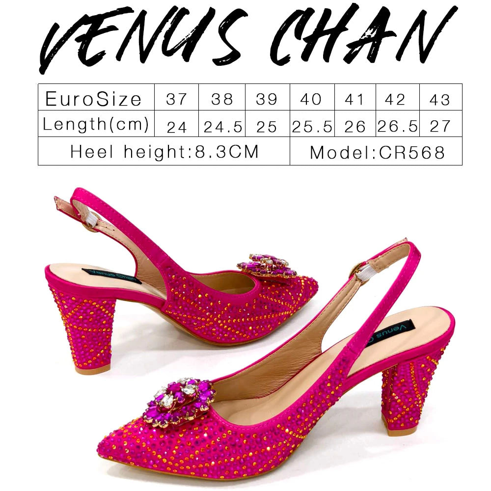 Venus Chan Nigerian Women Heel Party Ladies Italian Design Shoes And Bag Set Decorated with Rhinestone Handbag Wedding Party