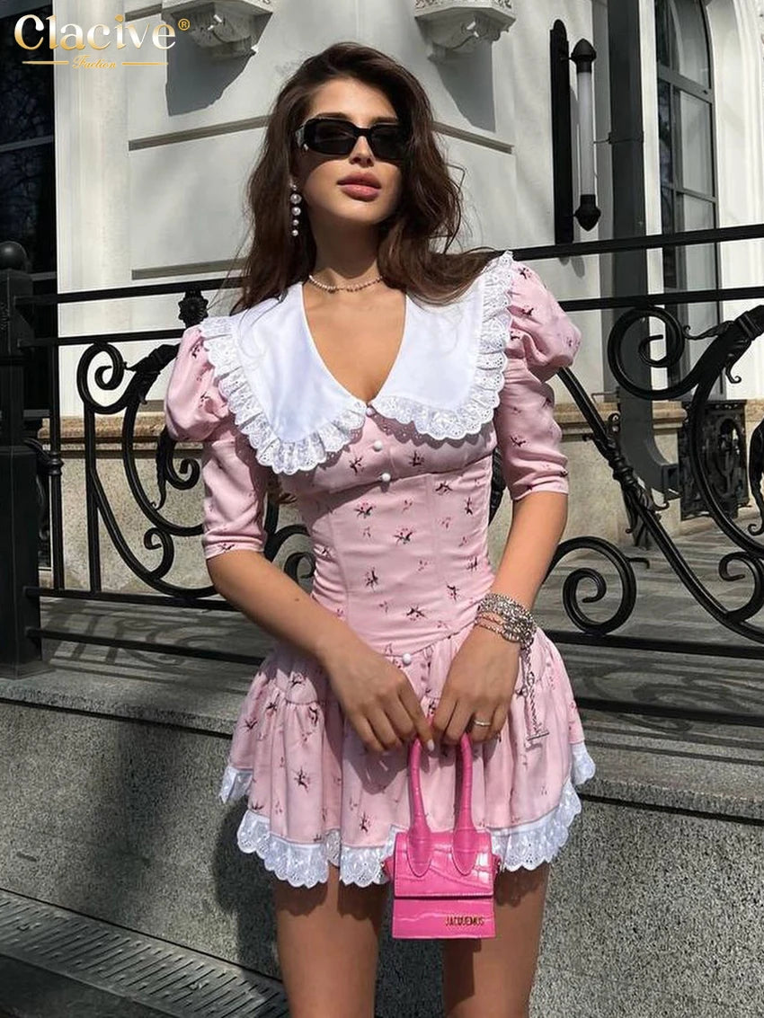 Clacive Summer Slim Print Women'S Dress 2023 Bodycon Doll Collar Short Sleeve Mini Dresses Elegant Lace Patchwork Female Dress
