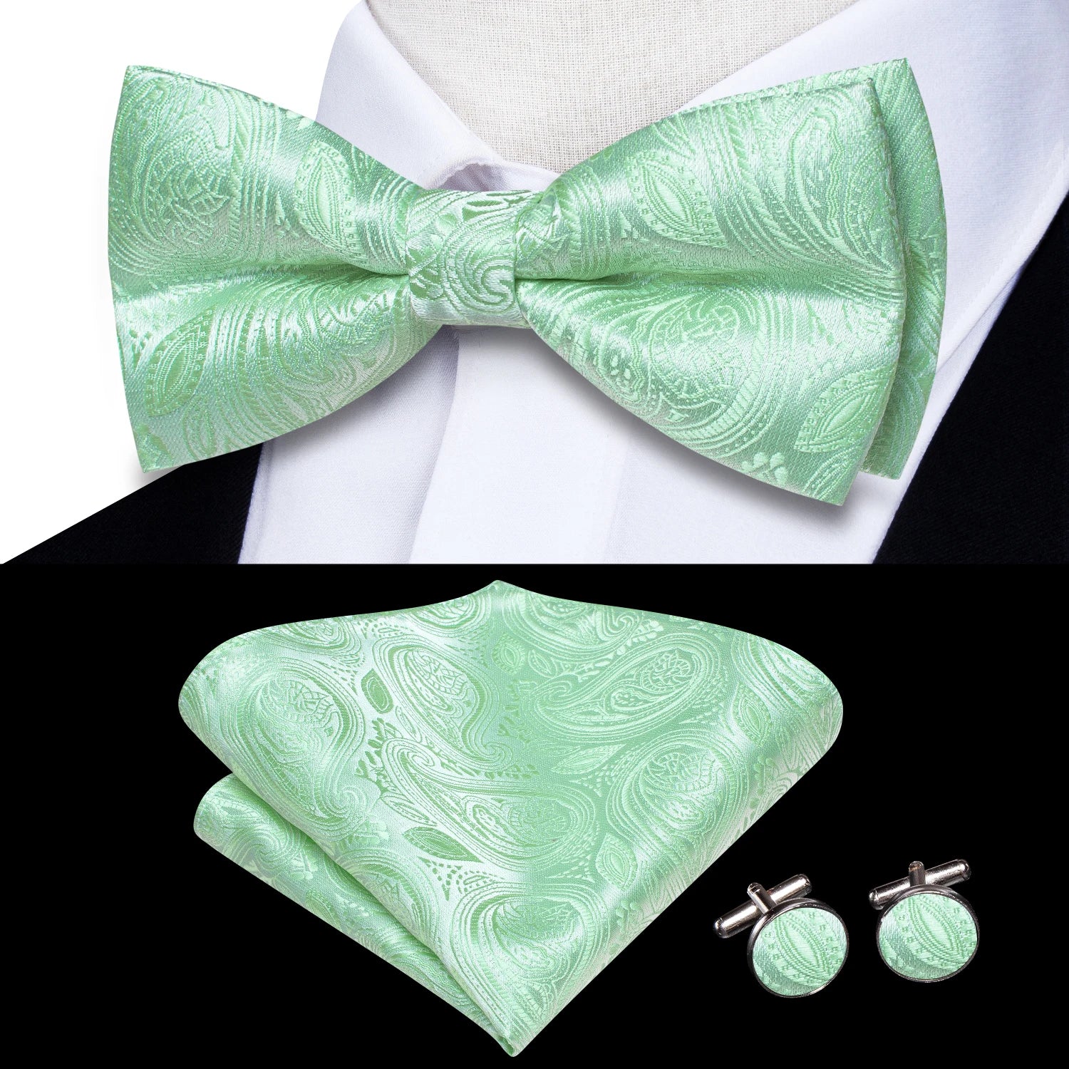 Hi-Tie Pink Dot Silk Mens Pre-tied Bow Tie Hanky Cufflink Set Dusty Pink Butterfly Knot Bowtie for Male Wedding Business