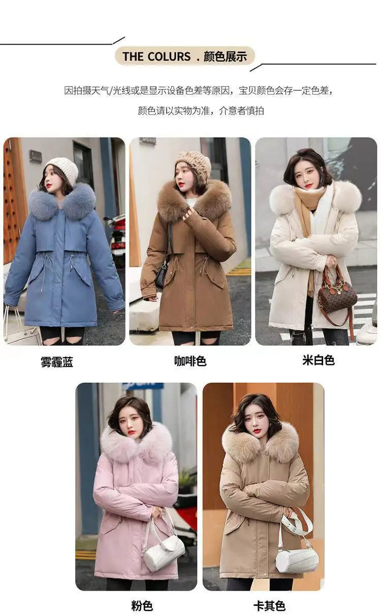 2025 Winter New Korean Edition Loose Thicken Cotton Jacket Women's Big Fur collar Hooded Coat Female Casual Warm Parker Overcoat