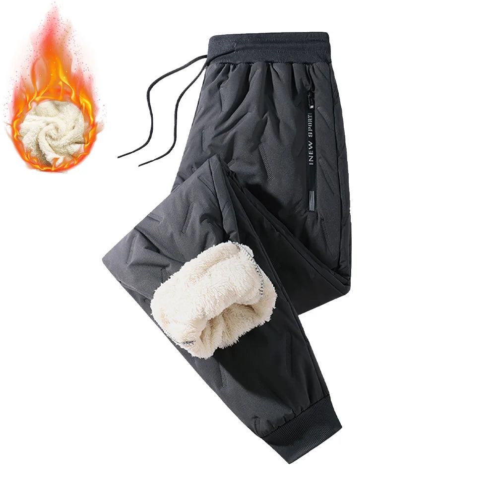 Winter Down Cotton Pants for Men Casual Waterproof Trousers Zipper Pocket Thickened Wool Warm Pants Jogger Outdoor Sweatpants