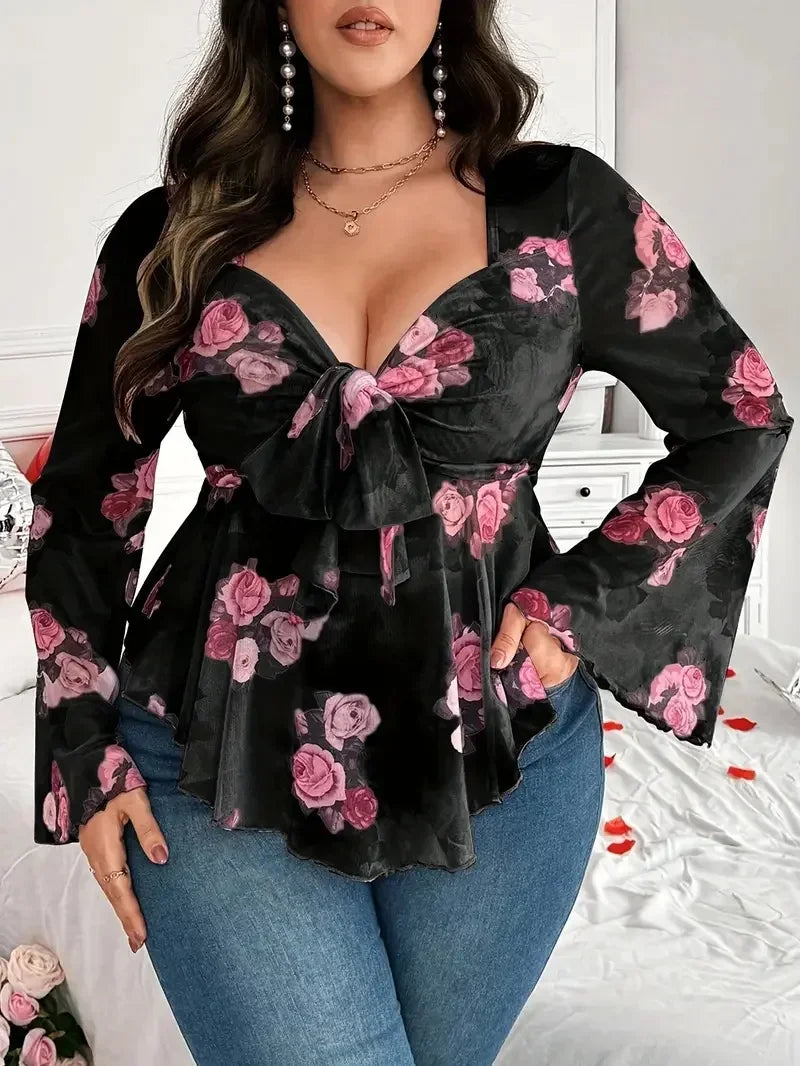 New net fabric rose flower printed net fabric blouse with fitted long sleeves, elegant series net fabric strapless long-sleeved