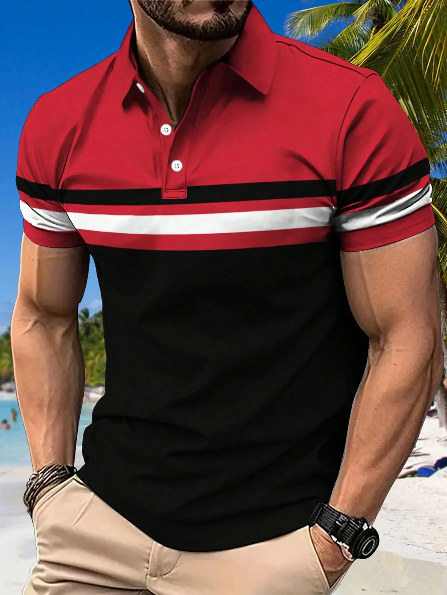 New Summer Men's Polo Shirt Button Collar Short Sleeve Pullover Casual Sports Solid Color Striped Lapel Trend Men's T Shirt