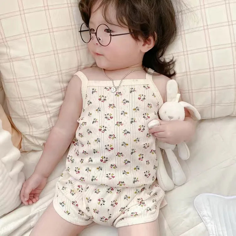 2024 Summer New Baby Sleeveless Tops And Tight Waist Shorts 2 Pieces Suit Girls Square Collar Clothing Set Kids Cotton Clothes