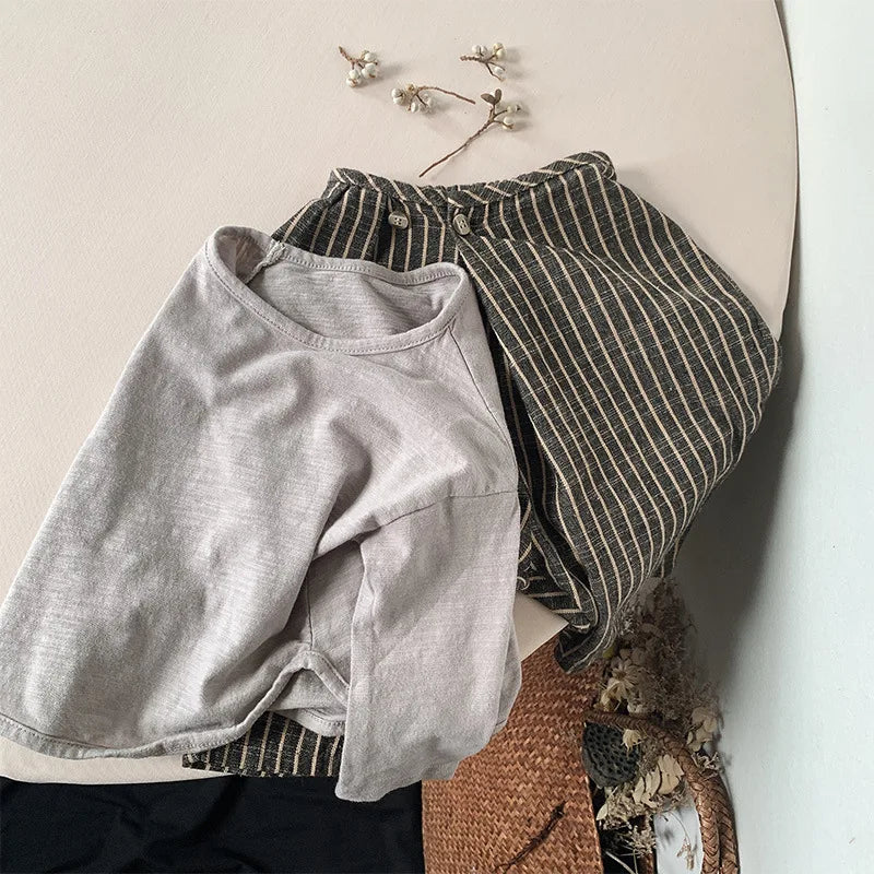 Children's Retro Striped Cotton And Linen Pant Spring Autumn New Japanese Boys And Girls Casual Loose Wide-Leg Pants WTP122