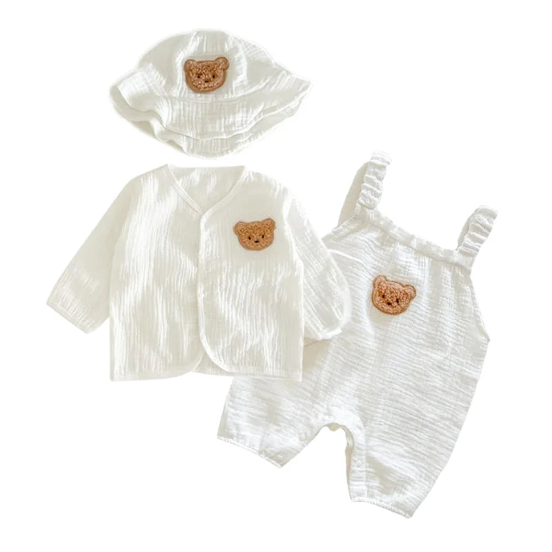 3Pcs Muslin Baby Jumpsuit Coat Hat Bear Baby Summer Clothes Set Kids Coat Romper White Toddler Outfit Suit Infant Clothing 0-3T