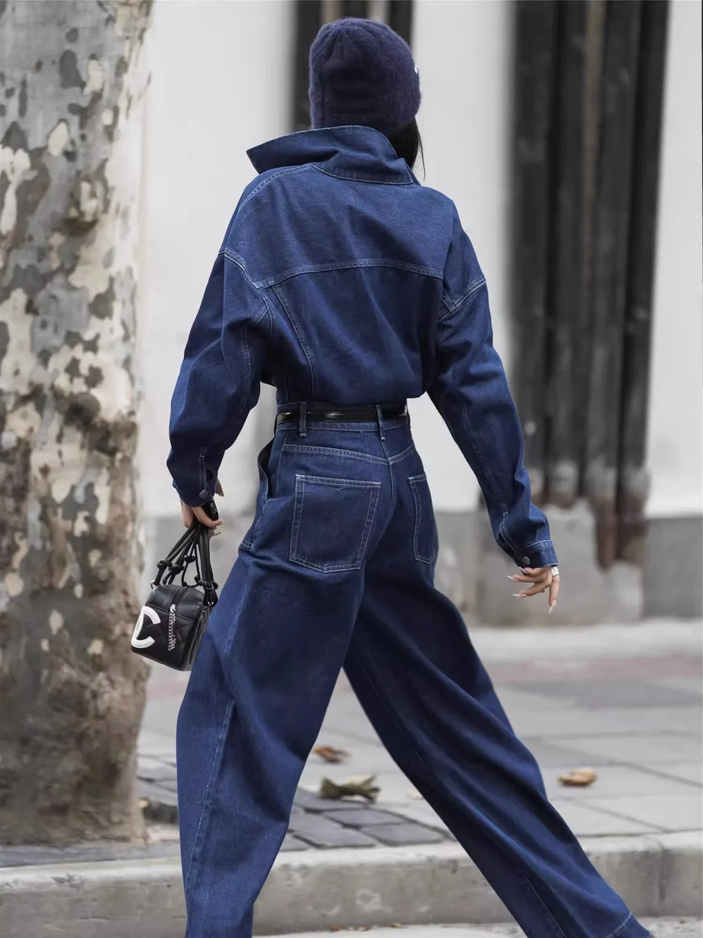 Blue Design Denim Jumpsuit Women'S Spring And Autumn Collar Fashionable Workwear Large Pocket Loose Pants