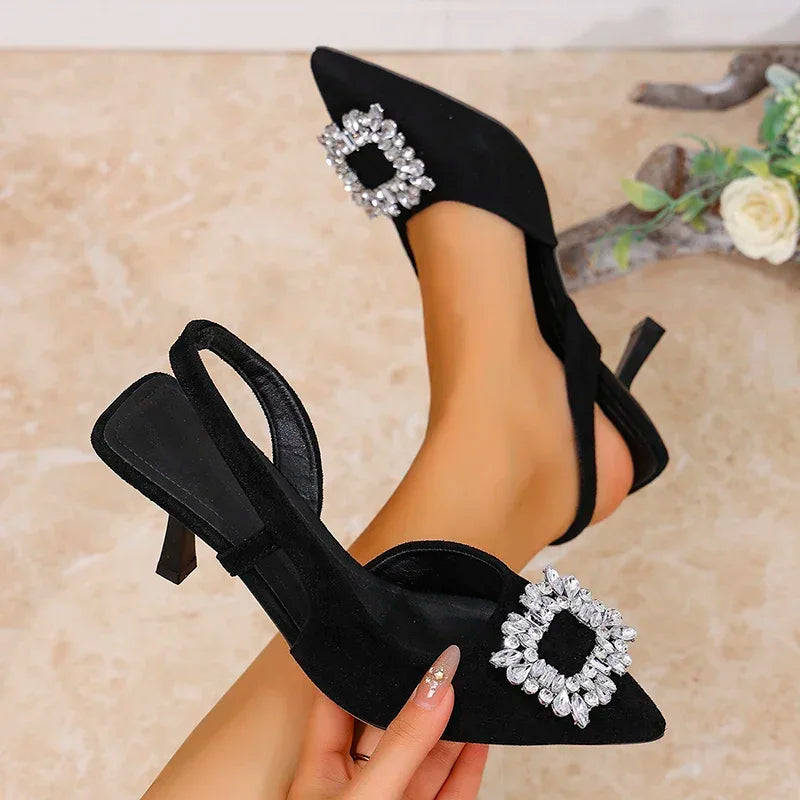 Elegant Ladies Crystal Buckle Pumps Summer 2025 Sexy Pointed Toe High Heels Sandals Women Back Strap Party Wedding Shoes Woman