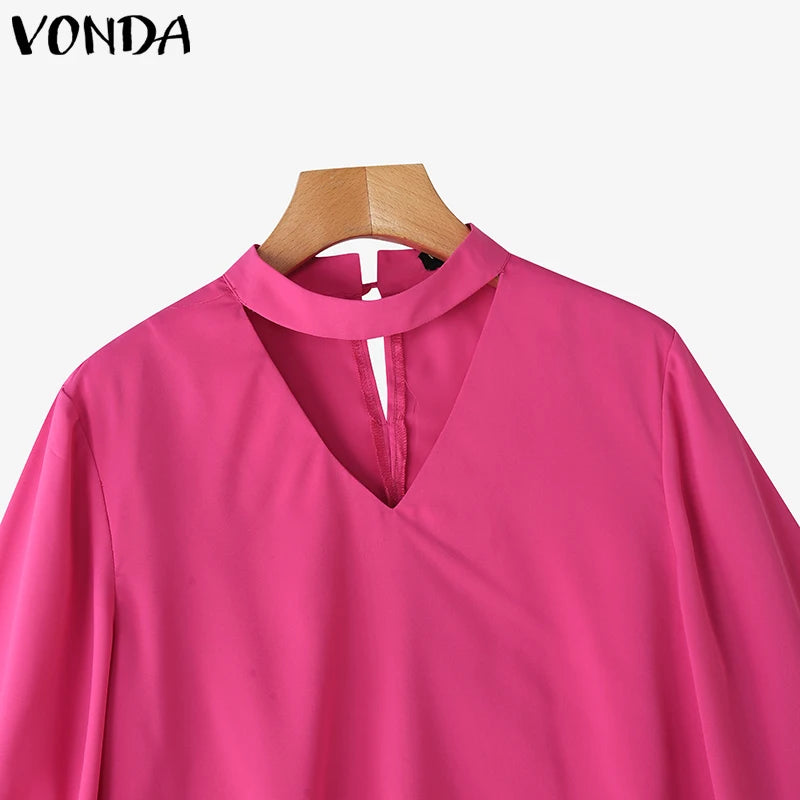 VONDA Plus Size Fashion Blouse Women Elegant OL Shirts Casual Hollow Out V Neck Solid Color Tunic Tops 3/4 Sleeve Blusas 5XL