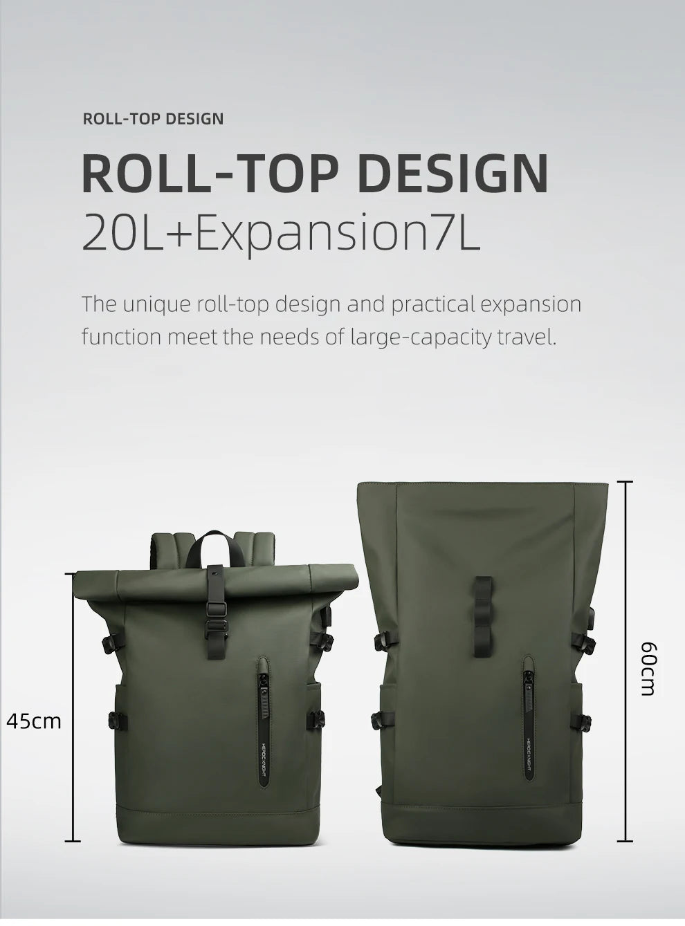 HK Expandable Waterproof Travel Backpack for Men Roll-Top Large Capacity 15.6 Inch Laptop Backpack with USB Hiking Camping Pack