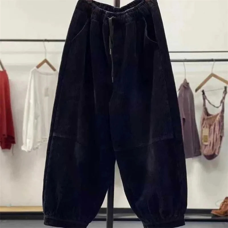 Ladies Large Size 4XL Corduroy Pantalons 2024 Female High Waist Add Velvet Casual Trousers Winter Women Loose Fit Lantern Pants