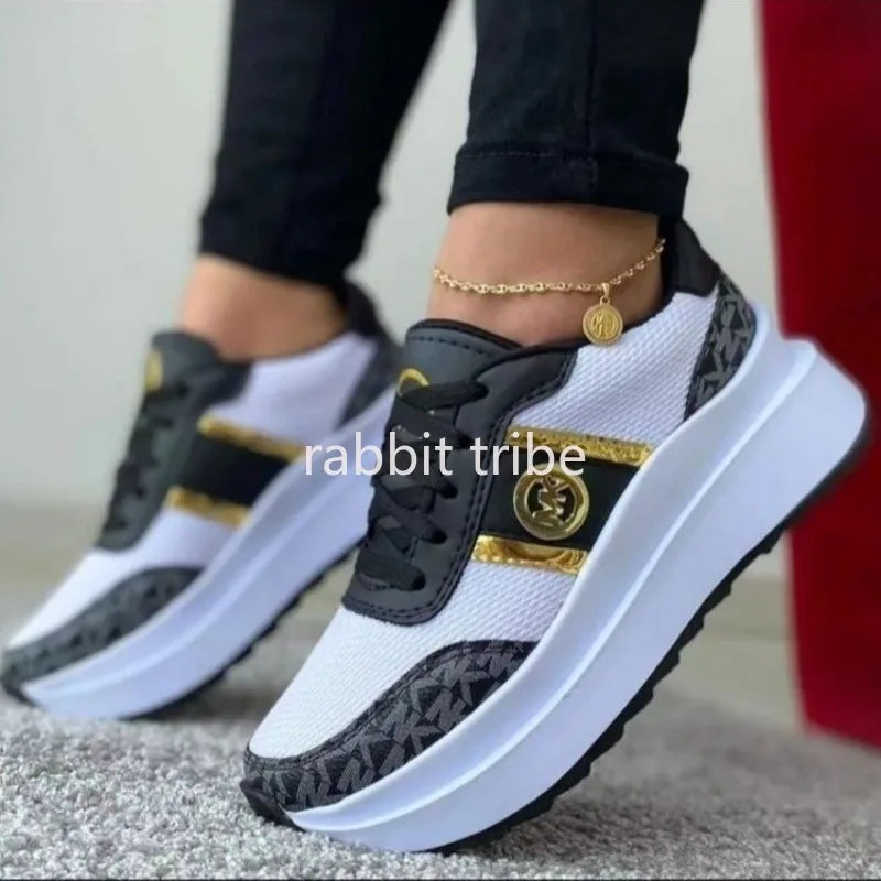 New Women's Casual Shoes Lightweight Color Blocked Womens Vulcanized Shoes Lace Up Flat Bottomed Women's Shoes Thick Soled Shoes