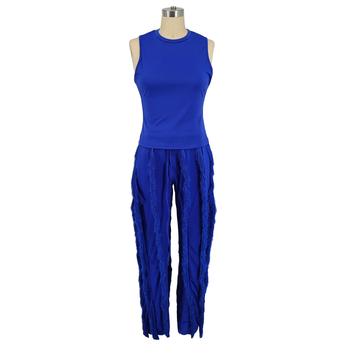 Fashion Solid Romper Casual Tank Top & Tassel Decor Drawstring Pants Set Skinny Tank Jumpsuits Summer Female Outfit Streetwear
