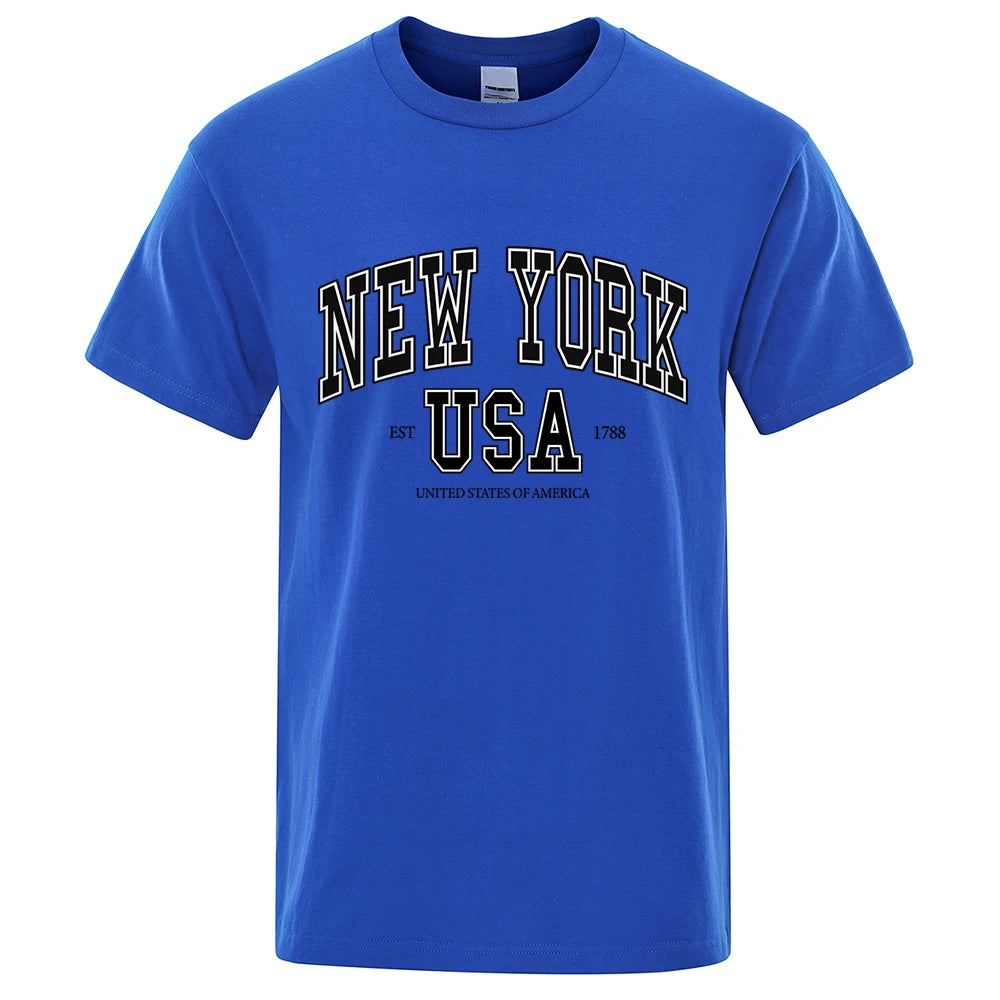 New York Usa Est 1788 Street City Letter Tops Men O-Neck Shirt Summer Loose Clothing Loose Cotton Oversize Tshirt Hip Hop Tops