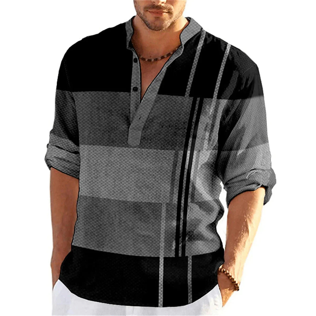Tiki Spring Autumn Men's Shirt Button Stand Collar Print Gradual Change Business Slim Casual Long Sleeved Shirt Flash Sales