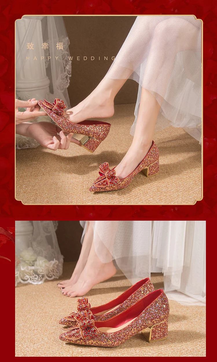 Wedding Shoes for Women 2024 Brand Fashion Women's High Heels Summer Pointed Toe New Crystal Butterfly-knot Bride Shoes
