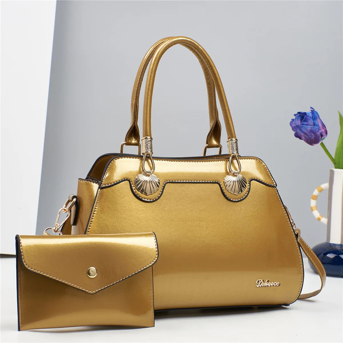 Bright Leather Top-handle Bag For Women Large Capacity Shoulder Bag with Clutch Handbag Purse, Female Shopping Messenger Tote