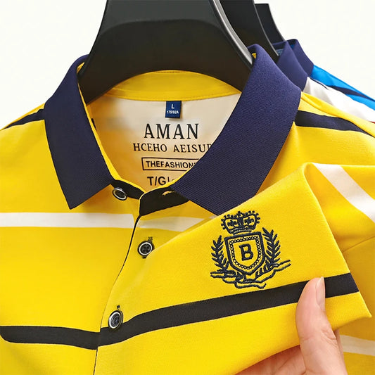 New Men's High End Brand Embroidered Polo Shirt Summer Trend Striped Casual Cool Short Sleeved Lapel T-Shirt Top Men's Clothing