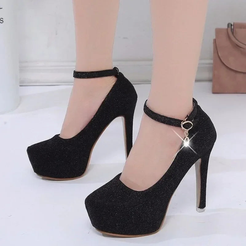 Fashion Wedding Shoes Women High Heels Pumps Bride Shoes Platform Super High Heel 12cm Black Silver Platform Shoes