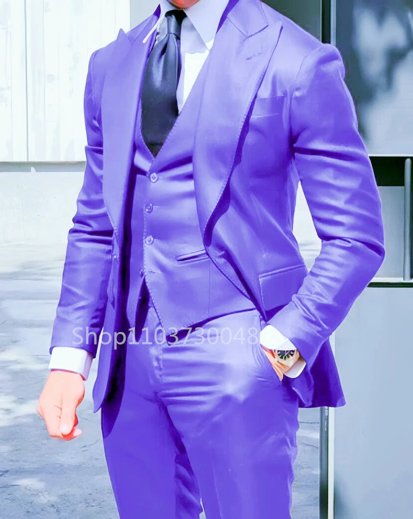 Solid Color Fashion Men Boutique Business Suits Wedding Suit Formal Groom Tuxedos 3 Pcs Set Dress Peak Lapel Blazer Vest Pants