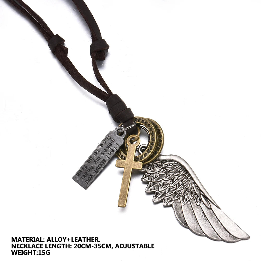 Feather Angel Wings Necklace & Pendants Vintage Brown Leather Neckless for Women Men Jewelry Boys Necklace Statement Necklace
