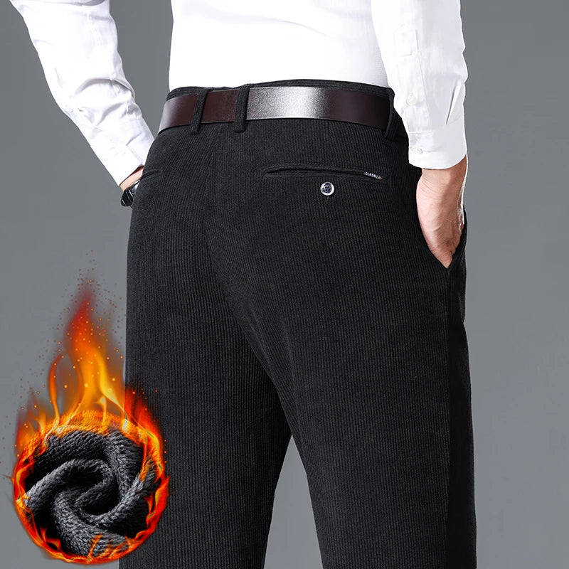 Winter New Corduroy Thick Pants Men's Fleece Fashion Business Straight Trousers Brand Comfortable Velvet Warm Plush Loose Pants