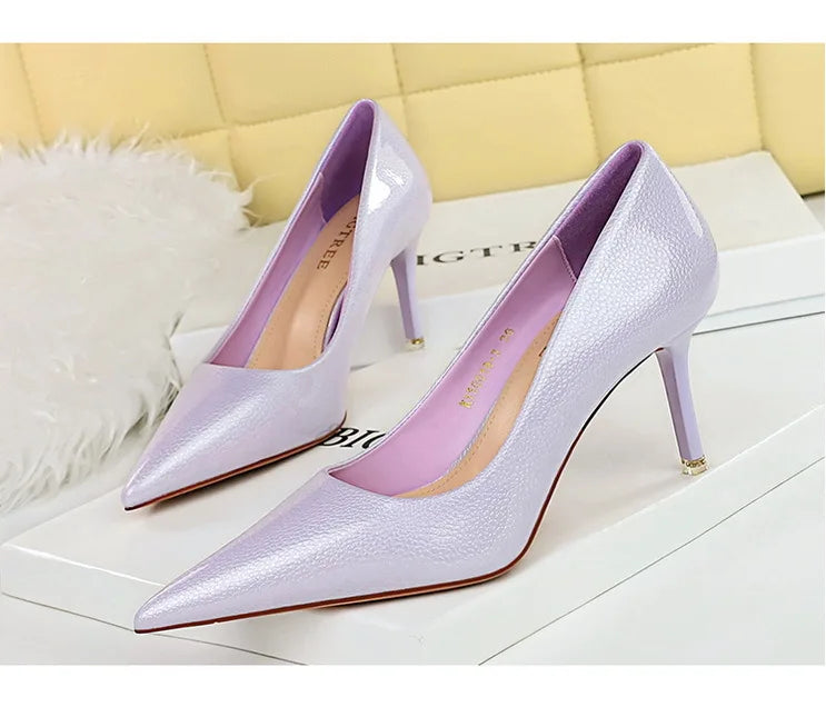 BIGTREE Elegant Simple Woman Heels Slim Heels High Heels Shallow Mouth Pointed Crystal Patent Leather Single Shoes  Women Shoes