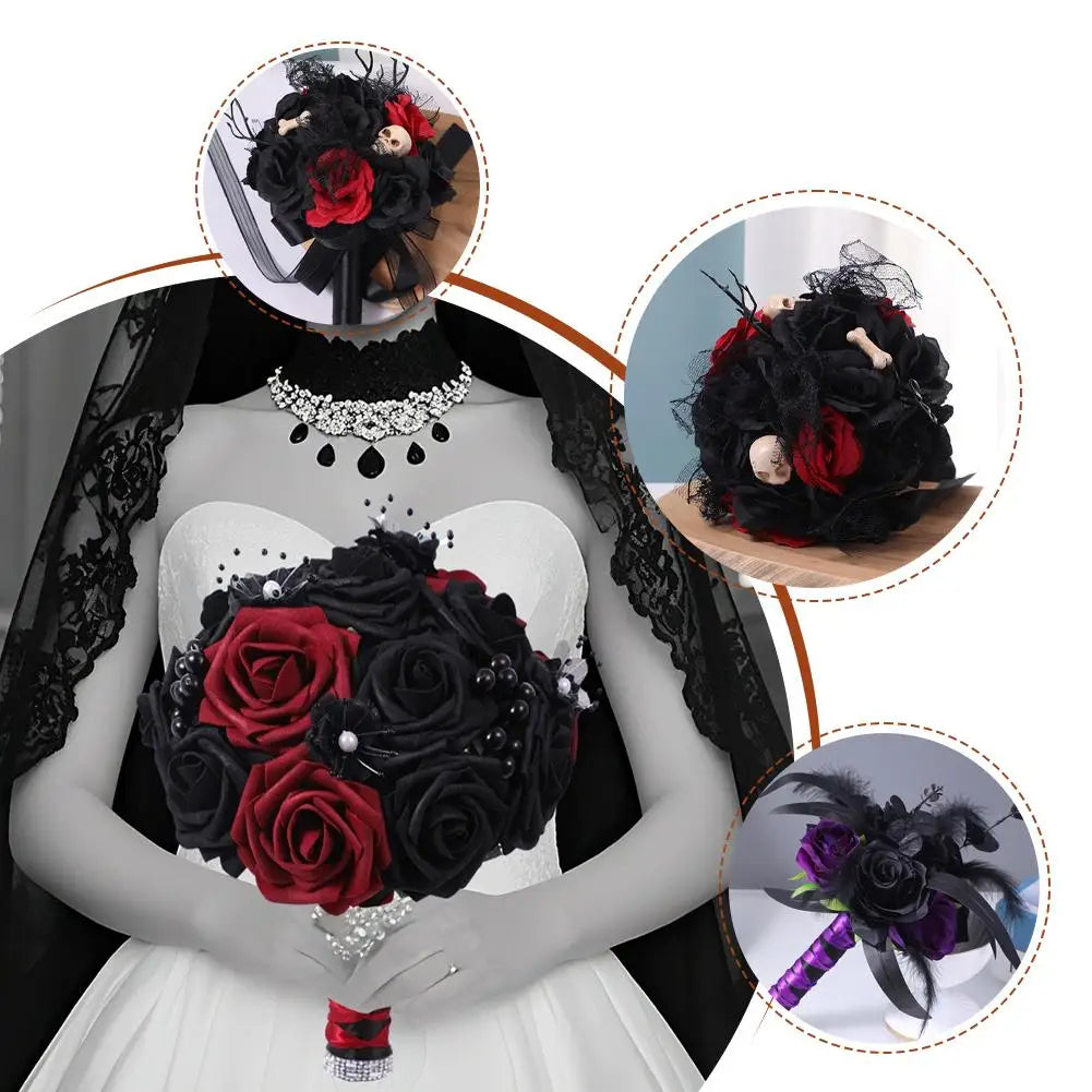 Yannew Black Burgundy Gothic Bridal Bouquets for Bride Bridesmaids Artifiicial Silk Foam Roses Flower Wedding Bouquet Halloween