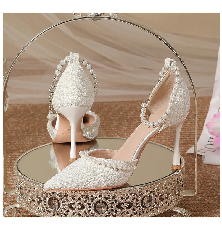 Size 30-44 Pearls Strap High Heels Lace Women White Wedding Shoes Stiletto Heel Point Toe Bride Bridesmaid