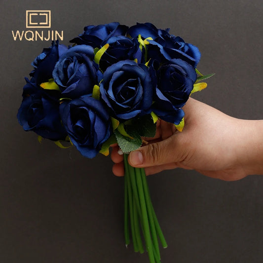 WQNJIN Artificial Flower Bouquet 12 Heads Silk Rose Blue Flower Fake Rose Bunch Wedding Party Home Table Gift Decoration