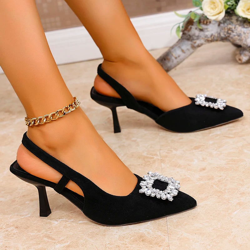 Elegant Ladies Crystal Buckle Pumps Summer 2025 Sexy Pointed Toe High Heels Sandals Women Back Strap Party Wedding Shoes Woman