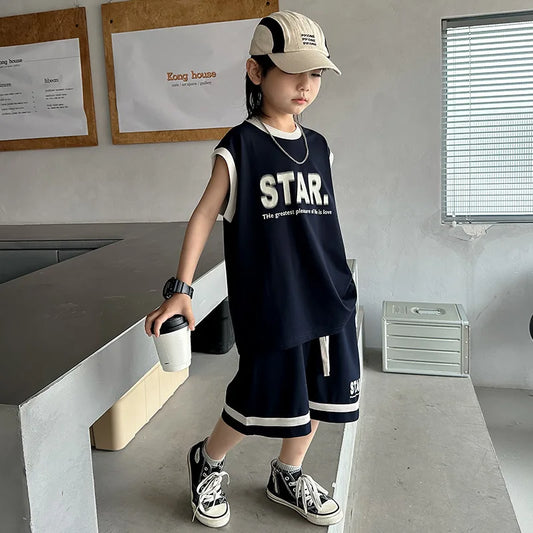 Summer 5-10 Years Old Boys' Sportswear Set 2025 Casual Loose Sleeveless Outfit | Trendy 2Pcs Clothing Letters Kids' Outfit