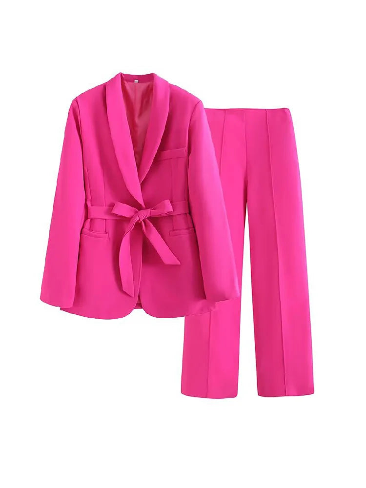 2025 Spring Summer 2 pieces sets Fashion Blazers Coats ang Trousers Female Street Solid Sashes Bow Elegant Two Suits Clothing
