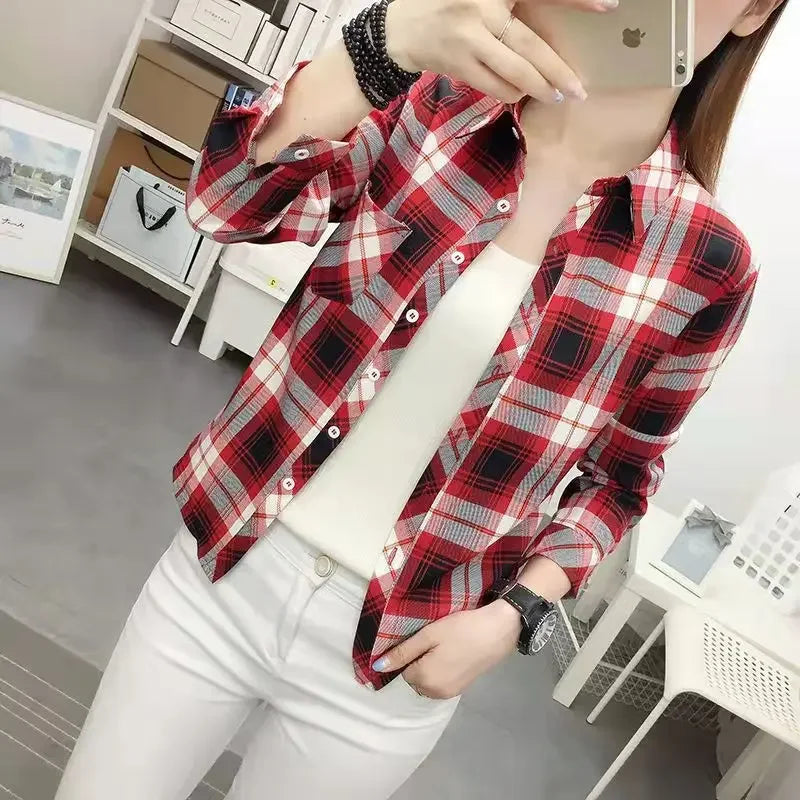 2024 Autumn New College Style Plaid Shirts Womens Long sleeve Button Down Casual Tops Loose Fashion Polo Neck Blouses