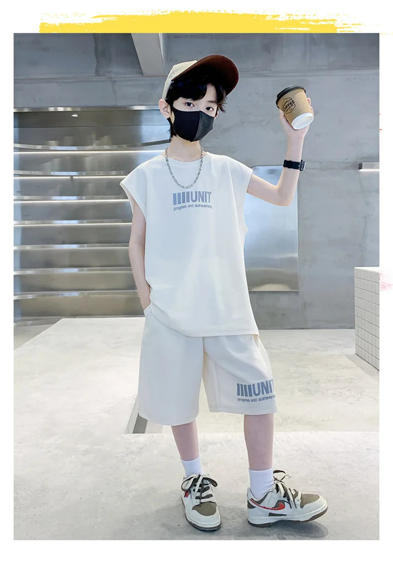 Boys Summer Suit New Children's Sleeveless Vest Sports Suit Fried Street Clothes Cool Handsome Summer Children's Clothing