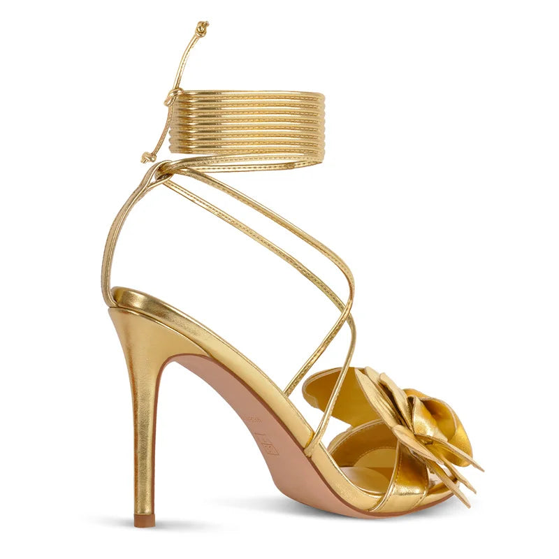 Onlymaker Women Gold Flower Round Toe Stiletto Sandals Party  Ankle Strap High Heel For Wedding Party Prom Bridal Sandals
