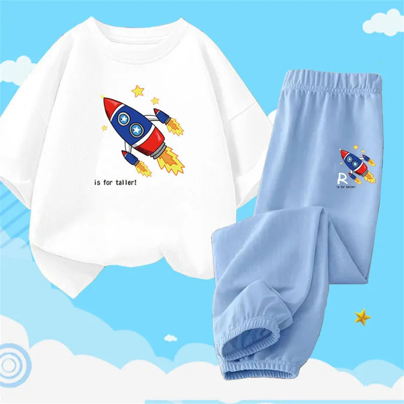 Boys Summer Clothes Set Kids Cartoon Space T shirts+Loose Harlan pants Suit 2PCS Pack Teens Sports Clothing Sets