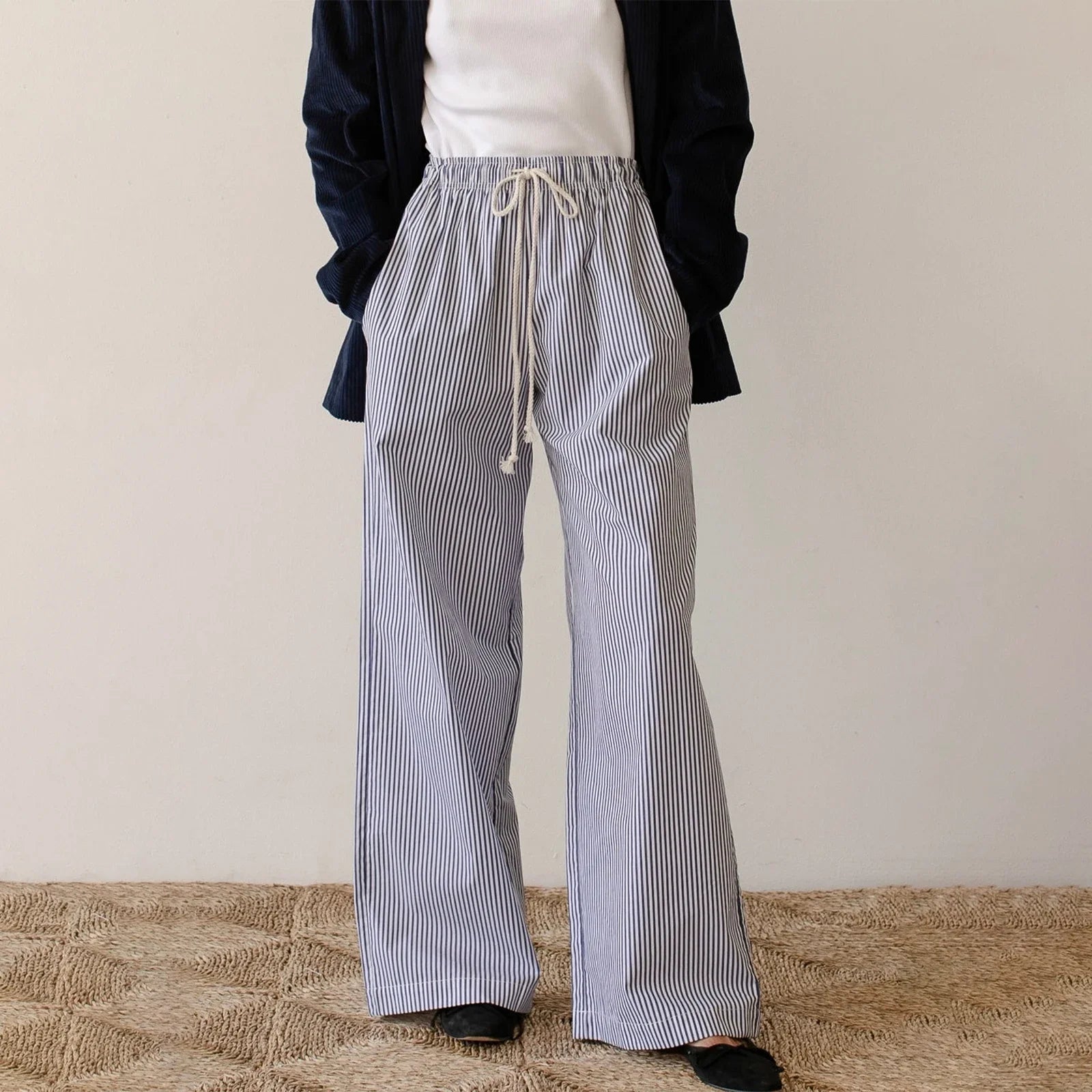 Combhasaki Women Y2K Aesthetic Wide-Leg Pants Stripe Drawstring High Elastic Waist Trousers Spring Fall Retro Sweatpants Bottoms