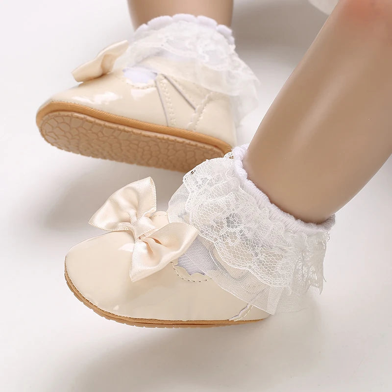 Cute White Lace Baby Girl Princess shoes  Baby Moccasins Moccs Shoes Bow Fringe Rubber Soled Non-slip Footwear Crib Shoes