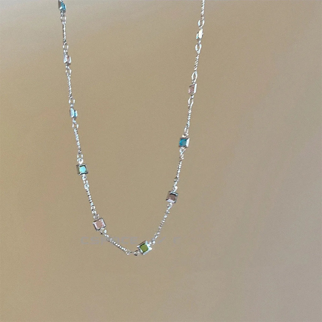 Hot Sale Colorful Square Rhinestone Necklace Fashion Exquisite Light Luxury Zircon Clavicle Chain Female Wedding Jewelry Gifts