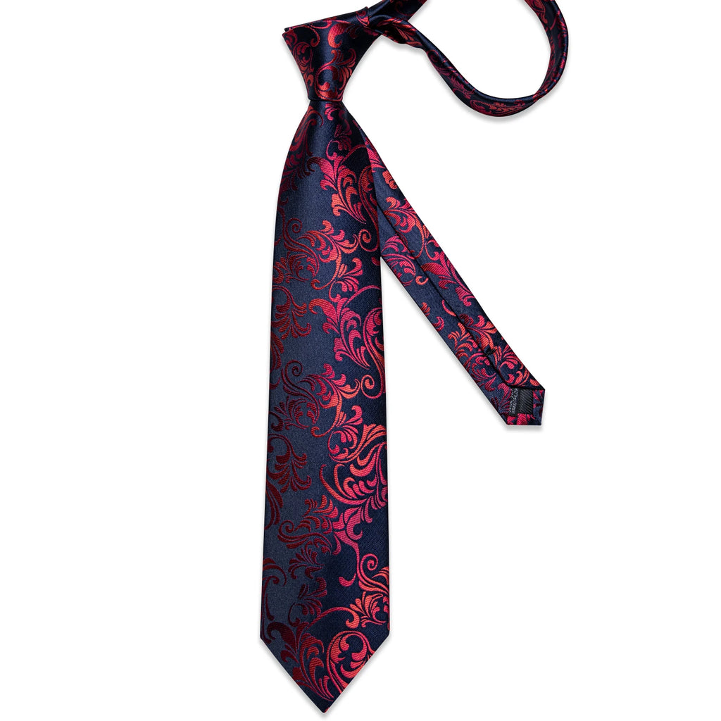 Men's Floral Red 8cm Ties Handkerchief Cufflinks Metal Ring Brooch Pin 5 Pcs Set Wedding Party Suits Accessory Gift for Husband
