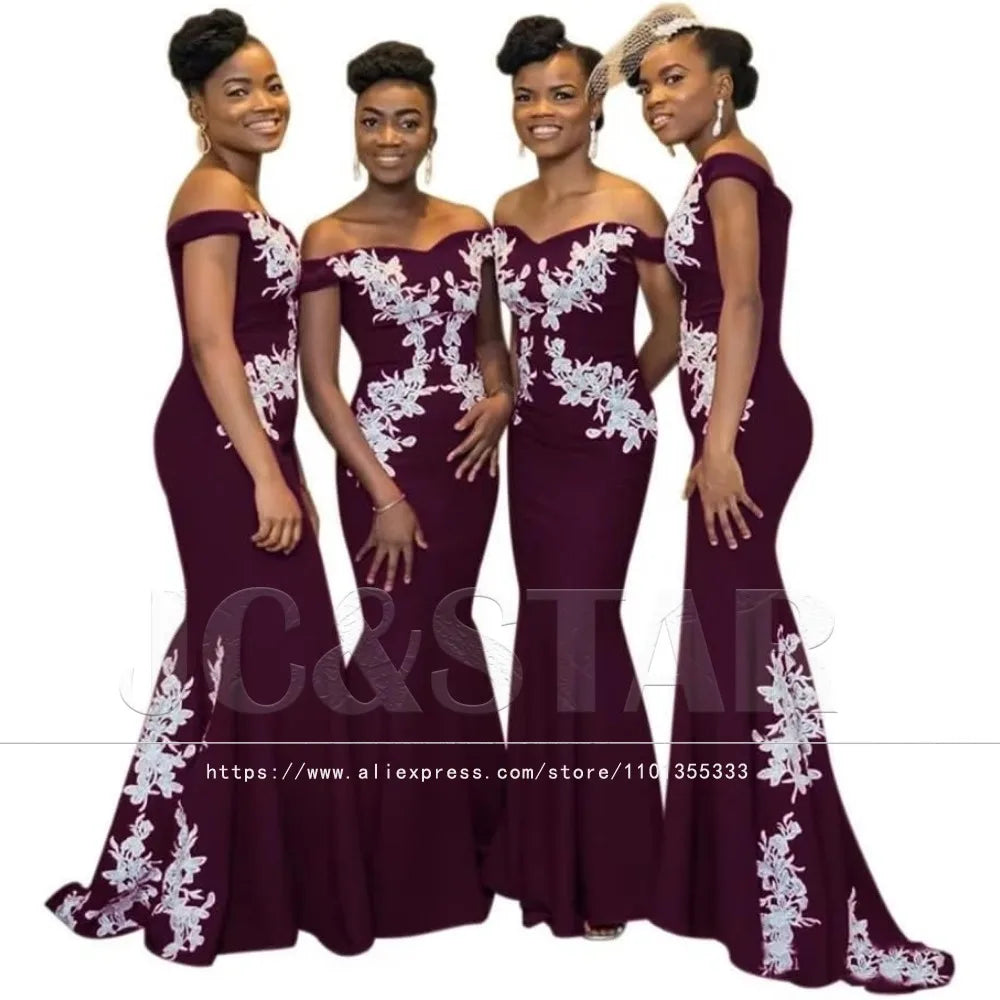 Burgundy Womens Off The Shoulder Mermaid Bridesmaid Dresses for Wedding Lace Satin Prom Dresses Long Formal Evening Gowns Africa