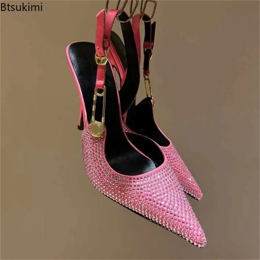 2025Women's Sexy Silk Rhinestone Pumps Belt Buckle Back Hollow Pointed Toe Thin Heel Sandals Pumps Female High Heels Party Shoes